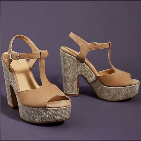 Anthropologie Tan and Gray Platform Sandals - Picture 1 of 10